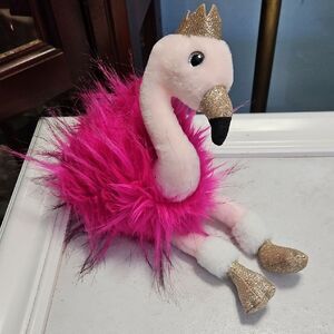 NWOT Histoire D'Ours Plush Flamingo Toy with Pink Feathers and Gold Crown